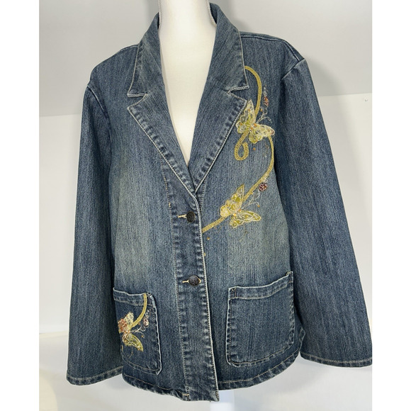 Ladies Jackets & Blazers - Cottage core Y2K Denim Embroidered Bedazzled Bling Ladies jacket Size XXL